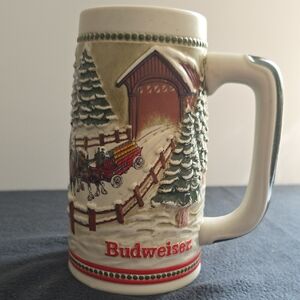 Budweiser Winter Scene Beer Stein with Red Accents